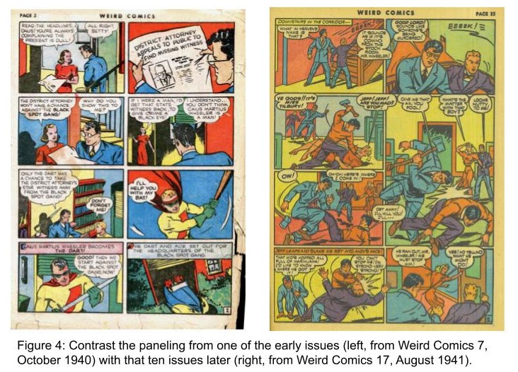 Figure 4: Contrast the paneling from one of the early issues (left, from Weird Comics 7, October 1940) with that ten issues later (right, from Weird Comics 17, August 1941).