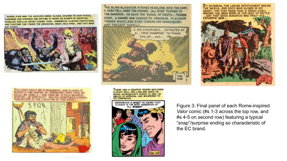 Figure 3: Final panel of each Rome-inspired Valor comic (#s 1-3 across the top row, and #s 4-5 on second row) featuring a typical “snap”/surprise ending so characteristic of the EC brand.