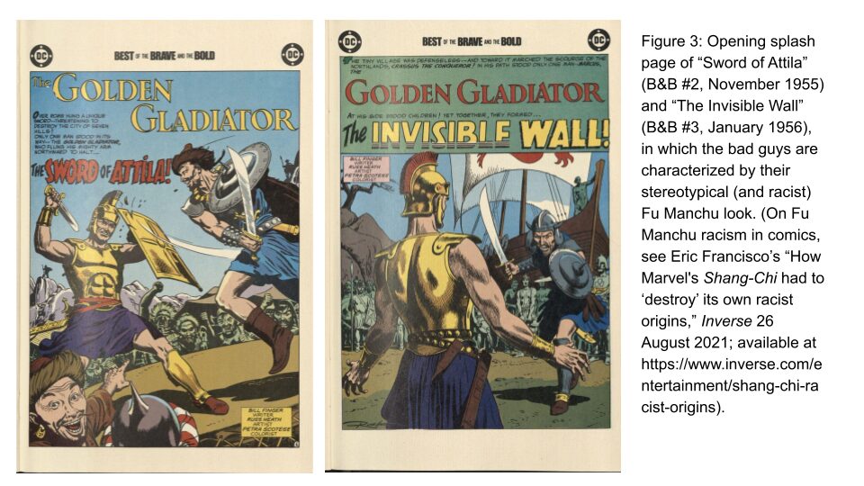 Figure 3: Opening splash page of “Sword of Attila” (B&B #2, November 1955) and “The Invisible Wall” (B&B #3, January 1956), in which the bad guys are characterized by their stereotypical (and racist) Fu Manchu look. (On Fu Manchu racism in comics, see Eric Francisco’s “How Marvel's Shang-Chi had to ‘destroy’ its own racist origins,” Inverse 26 August 2021; available at https://www.inverse.com/entertainment/shang-chi-racist-origins).
