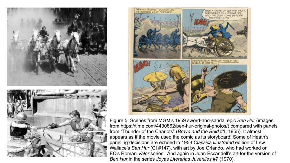 Figure 5: Scenes from MGM’s 1959 sword-and-sandal epic Ben Hur (images from https://time.com/4430862/ben-hur-original-photos/) compared with panels from “Thunder of the Chariots” (Brave and the Bold #1, 1955). It almost appears as if the movie used the comic as its storyboard! Some of Heath’s paneling decisions are echoed in 1958 Classics Illustrated edition of Lew Wallace’s Ben Hur (CI #147), with art by Joe Orlando, who had worked on EC’s Roman Valor series.  And again in Juan Escandell’s art for the version of Ben Hur in the series Joyas Literarias Juveniles #7 (1970).