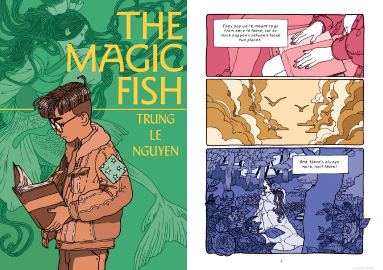 On the left: Front cover of The Magic Fish shows a young boy reading. On the right: Page one of the comic showing three panels, each in a different color to help clarify the storylines throughout the book.