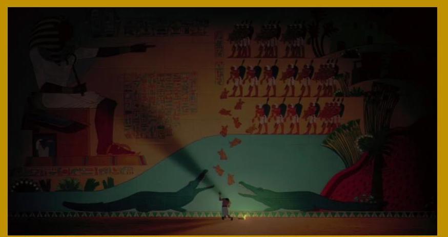 Figure 4: Dramatic scene from Dreamworks’ Prince of Egypt (1998) offers an imagining of how  torchlight may have animated the repeating images in Egyptian wall art … and shows Dreamworks’ clever homage to a deep history of animation.