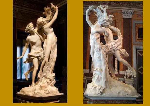 Figure 6: Two views of Bernini’s 17th-century Apollo and Daphne, currently in the Borghese Gallery in Rome (from Wikimedia Commons). Circling the statue gives the viewer different moments in Daphne’s transformation from nymph to laurel tree. And Apuleius’ narrative demonstrates how an imaginative viewer might have seen these dynamic statues as alive, especially when reflecting in a rippling pool.