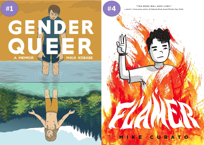 On the left is the book cover for Gender Queer and on the right is the book cover for Flamer