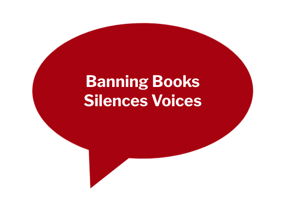 A comic book speech ballon that says Banning Books Silences Voices