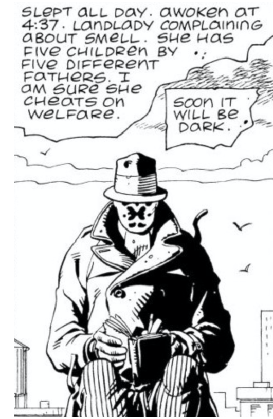 Black and white frame from Watchmen. Rorschach is writing in a book and the caption says, "Slept all day. Awoken at 4:37. Landlady complaining about smell. She has five children by five different fathers. I am sure she cheats welfare. Soon it will be dark."