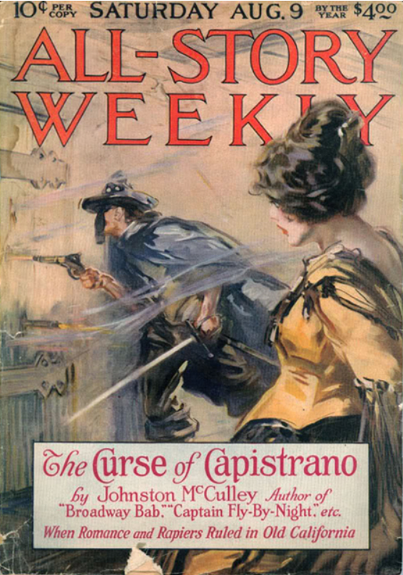 The cover of the original Zorro serial (1919). Features a woman and Zorro on the cover. The serial is called "All-Story Weekly"