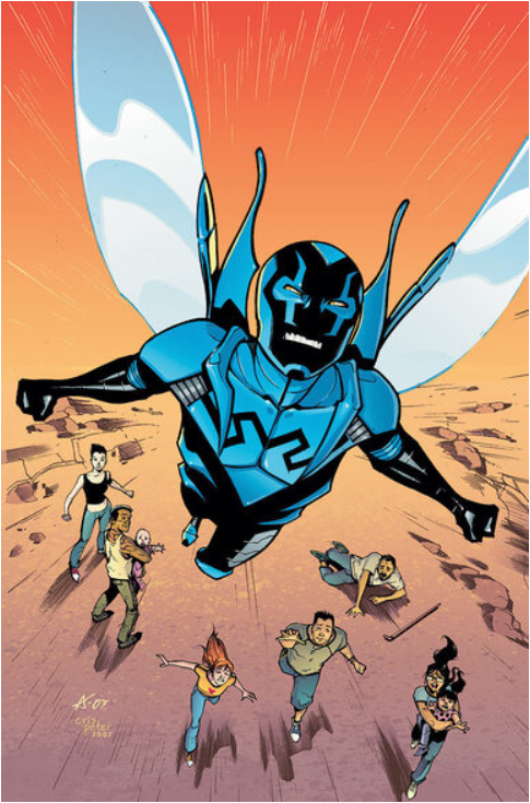 Blue Beetle flying above people running on the border/frontera.