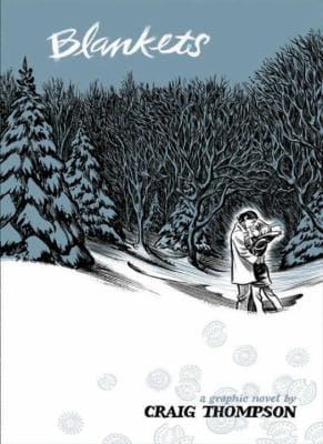 Cover of Blankets by Craig Thompson, showing a winter landscape with two figures.