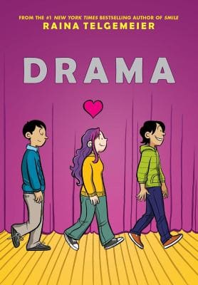 Pink cover of Drama by Raina Telgemeier, showing three young people walking together.