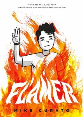 Cover of Flamer by Mike Curato, showing a teenager against a fiery orange-and-white background.
