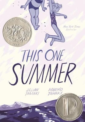 White-and-purple cover of This One Summer by Mariko and Jillian Tamaki, showing two swimmers diving into dark blue water beneath a lavender sky.