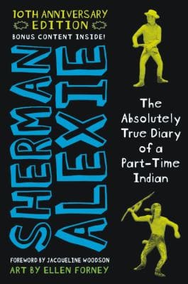 Black cover of The Absolutely True Diary of a Part-Time Indian by Sherman Alexie, illustrated by Ellen Forney, with the title in large blue and white lettering and yellow drawings of a basketball player and a dancing figure.
